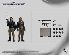 Load image into Gallery viewer, INART - The Terminator: T-800 1/6 Collectible Figure
2 Fully Articulated Bodies
2 Sculpted Hair Head Sculpts with Articulated Eyes
1 Interchangeable Forearm
8 Clothing Accessories (2x Shirts, Jackets, Pants, Boots, Battle Damaged and Clean)
11 Interchangeable Hands
6 Accessories
1 Base
1 Metal Support Stand