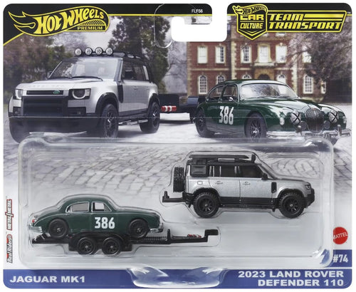 Hot Wheels Team Transport 2025 Jaguar Mk1 & 2023 Land Rover Defender 110 & HW Rally Trailer Maple and Mangoes