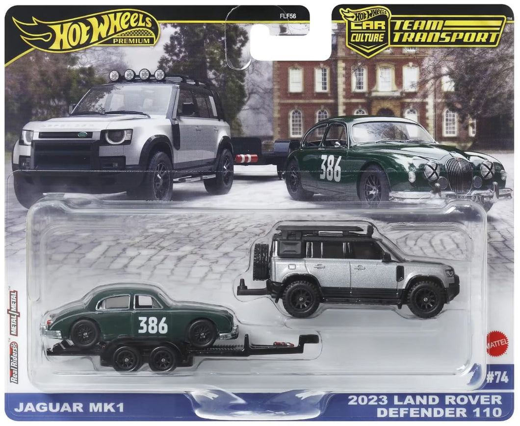 Hot Wheels Team Transport 2025 Jaguar Mk1 & 2023 Land Rover Defender 110 & HW Rally Trailer Maple and Mangoes