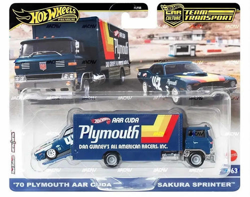Hot Wheels Team Transport 2024 Mix 1 '70 Plymouth AAR Cuda + Sakura Sprinter Maple and Mangoes