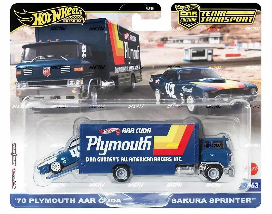 Hot Wheels Team Transport 2024 Mix 1 '70 Plymouth AAR Cuda + Sakura Sprinter Maple and Mangoes
