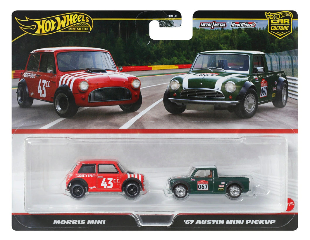 Hot Wheels Premium 2 Pack Morris Mini / '67 Austin Mini Pickup Maple and Mangoes