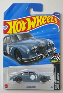 Hot Wheels Jaguar MK1 toy car in packaging with blue and red design